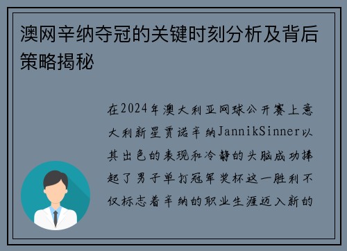 澳网辛纳夺冠的关键时刻分析及背后策略揭秘